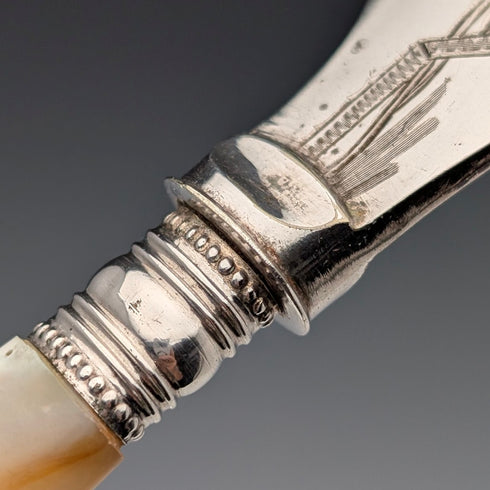 Late 19th Century British Antique Mother-of-Pearl Handle Silver Plated Dessert Serving Set in a Case